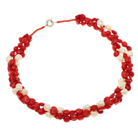 Coral Freshwater Pearl Necklace, Natural Coral, with Nylon Cord & Freshwater Pearl, brass spring ring clasp, kumihimo & , red, 9-10mm Approx 18.5 Inch 