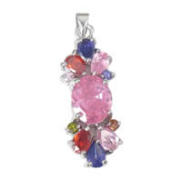 Cubic Zirconia Brass Pendants, Flower, platinum plated, with cubic zirconia & faceted, multi-colored Approx 