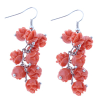 Coral Drop Earring, Synthetic Coral, brass earring hook, Flower, blood red 