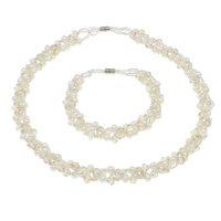 Crystal Freshwater Pearl Jewelry Sets, bracelet & necklace, with Crystal & Glass Seed Beads, brass magnetic clasp, Potato, natural, kumihimo & faceted, white, 5-6mm Approx 7 Inch, Approx 16.5 Inch 