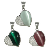 Stainless Steel Heart Pendants, with Rhinestone Clay Pave & Cats Eye, with 25 pcs rhinestone Approx 