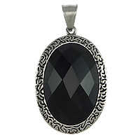 Stainless Steel Pendants, with Glass Gemstone, Flat Oval, faceted & blacken, black Approx 