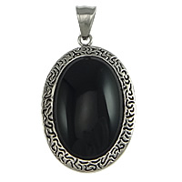 Stainless Steel Pendants, with Glass Gemstone, Flat Oval, blacken, black Approx 