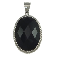 Stainless Steel Pendants, with Glass Gemstone, Flat Oval, faceted, black Approx 