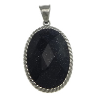 Blue Goldstone Pendants, Stainless Steel, with Blue Goldstone, Flat Oval, faceted, black Approx 