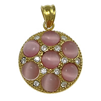 Cats Eye Stainless Steel Pendant, with Cats Eye, Flat Round, gold color plated, with rhinestone, pink Approx 