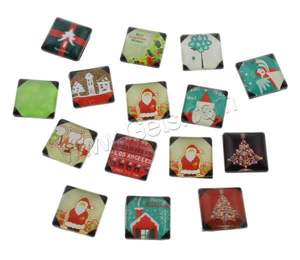 Weihnachten Harz Cabochon, Glas, Quadrat, Weihnachtsschmuck & verschiedene Größen vorhanden & verschiedene Muster für Wahl & flache Rückseite & Aufkleber, 1000PCs/Tasche, verkauft von Tasche