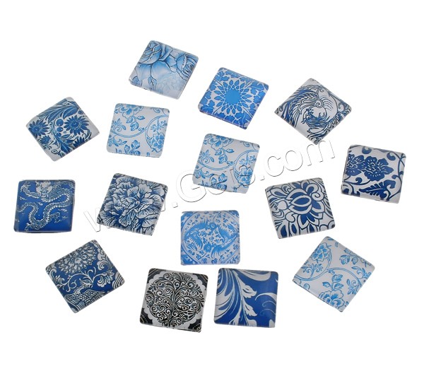 Decal Glass Cabochon, Square, blue and white porcelain & different size for choice & different designs for choice & flat back, 1000PCs/Bag, Sold By Bag