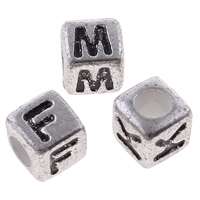 Acrylic Alphabet Beads, Cube, antique silver color plated, mixed pattern & with letter pattern 