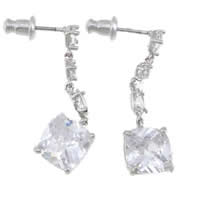Cubic Zircon Brass Earring, Square, platinum color plated, with cubic zirconia 0.7mm 