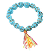 Synthetic Turquoise Bracelet, with Waxed Cotton Cord, Skull, turquoise blue Approx 7 Inch 