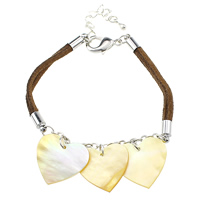 Yellow Shell Bracelet, with Cowhide & Brass, with 1.5lnch extender chain, Heart, platinum color plated, natural, nickel, lead & cadmium free, 2mm Approx 7 Inch 