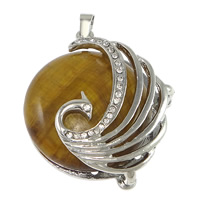 Gemstone Pendant Component, Tiger Eye, with Brass, Flat Round, platinum color plated Approx 
