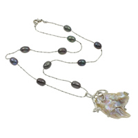 Concha Collar de perlas de agua dulce, Perlas cultivadas de agua dulce, con Concha de perla & metal, natural, cadena de la bola, 6-7mm, 31x42x10mm, longitud:aproximado 17 Inch, Vendido por Sarta