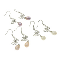 Freshwater Pearl Brass Earring, with pearl, Butterfly, platinum color plated, mixed colors, nickel, lead & cadmium free, 7-8mm, 45mm 