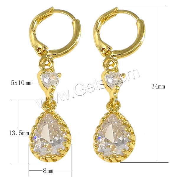 Huggie Hoop Drop Earring, Brass, Teardrop, plated, with cubic zirconia & faceted, more colors for choice, 8x13.5x4.5mm, 5x10x3mm, 34mm, Sold By Pair
