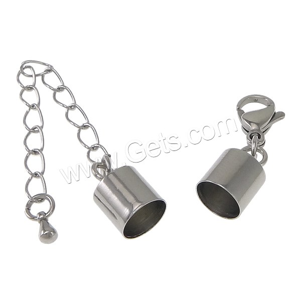 Stainless Steel Lobster Claw Cord Clasp, different size for choice & with end cap, original color, 3.5x6x0.5mm, Length:Approx 2.5 Inch, Sold By Set