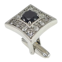 Brass Cufflinks, with Glass, Square, platinum color plated, faceted & with rhinestone, nickel, lead & cadmium free  19mm 