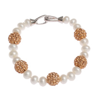 Bracelets perles en strass, perle d'eau douce cultivée, avec Strass perle de Pave d'argile, laiton boucle déployante, bouton, naturel, avec 45 pcs strass, blanc, 7-8mm, 10mm Environ 6.5 pouce, Vendu par brin