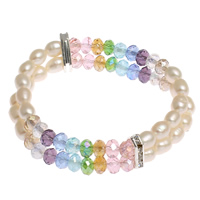 Хрустальный перл браслеты, Пресноводные жемчуги, с Медные обручи & Кристаллы, натуральный, граненый & двунитевая, разноцветный, 6-7mm длина:Приблизительно 5.5 дюймовый, продается Strand