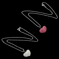 Rhinestone Brass Necklace, with Clay Pave, Heart, platinum color plated, with 84 pcs rhinestone & ball chain 1.5mm Approx 18 Inch 