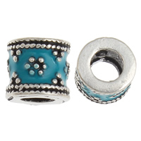 Perlas de esmalte latón, metal, Tambor, chapado en color de plata antigua, Azul Celeste, libre de plomo & cadmio, 6x5mm, agujero:aproximado 3mm, 30PCs/Bolsa, Vendido por Bolsa