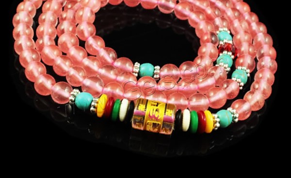 108 Mala Beads, Cherry Quartz, with Synthetic Turquoise & Crystal & Glass & Plastic & Zinc Alloy, platinum color plated, different length for choice & Buddhist jewelry & different size for choice & gold accent, 108PCs/Strand, Sold By Strand