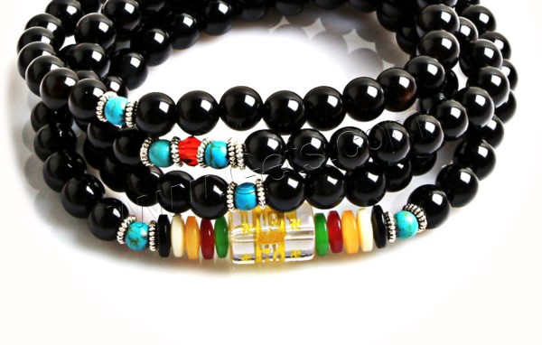108 Mala Beads, Black Agate, with Synthetic Turquoise & Glass & Plastic & Zinc Alloy, plated, different length for choice & Buddhist jewelry & different size for choice & gold accent, 108PCs/Strand, Sold By Strand