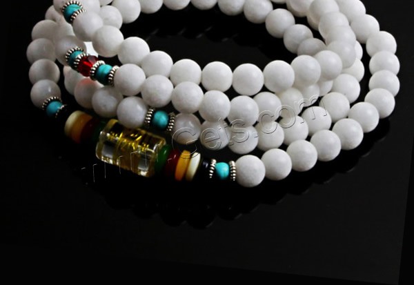 108 Mala Beads, Fluted Giant, with Synthetic Turquoise & Crystal & Glass & Plastic & Zinc Alloy, plated, different length for choice & Buddhist jewelry & different size for choice & gold accent, white, 108PCs/Strand, Sold By Strand