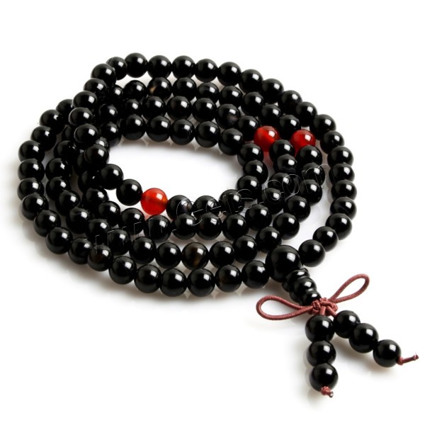 108 perles de Mala, agate noire, avec cordon élastique en nylon & agate rouge, longueur différente pour le choix & bijoux bouddhiste & normes différentes pour le choix, 108PC/brin, Vendu par brin