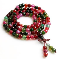 108 Mala Beads, Tourmaline Color Agate, with nylon elastic cord & Buddhist jewelry 