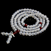 108 Perlen Mala, Weißer Achat, mit elastische Nylonschnur & Roter Achat, buddhistischer Schmuck, 6mm, Länge:ca. 26 ZollInch, 108PCs/Strang, verkauft von Strang