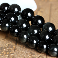 Schwarzer Obsidian Perle, rund, verschiedene Größen vorhanden, Grade A, Länge:ca. 15 ZollInch, verkauft von Strang