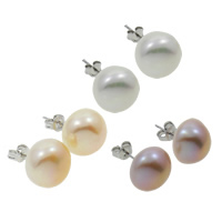 Freshwater Pearl Stud Earring, brass post pin, Dome, natural, with 925 logo, mixed colors, 13-14mm 