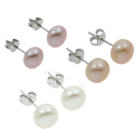 Freshwater Pearl Stud Earring, brass post pin, Dome, natural, with 925 logo, mixed colors, 6-7mm 