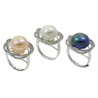 Pearl Brass Finger Ring, Freshwater Pearl, with Brass, Flower, natural, micro pave cubic zirconia 13-14mm US Ring 