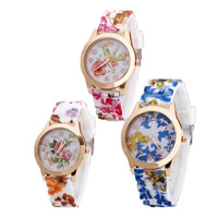 Women Wrist Watch, Zinc Alloy, with Glass & Silicone, Chinese movement, plated, adjustable & with flower pattern & for woman nickel, lead & cadmium free, 40mm, 20mm Approx 8 Inch 