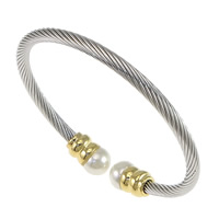 Stainless Steel Cuff Bangle, with Plastic Pearl, plated, two tone, 10mm, 4mm, Inner Approx Approx 7 Inch 