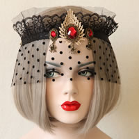 Gothic Veil, Lace, with Gauze & Resin & Zinc Alloy, antique bronze color plated, gothic style & with round spot pattern & faceted, black, 300mm 