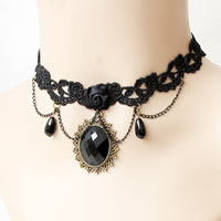 Gothic Necklace, Lace, with Satin Ribbon & Resin & Zinc Alloy, with 5cm extender chain, antique bronze color plated, gothic style & faceted, 35mm Approx 11 Inch 