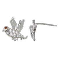 Cubic Zirconia Micro Pave Sterling Silver Earring, 925 Sterling Silver, with rubber earnut, Bird, micro pave cubic zirconia 