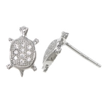 Cubic Zirconia Micro Pave Sterling Silver Earring, 925 Sterling Silver, with rubber earnut, Turtle, micro pave cubic zirconia 