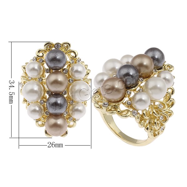 Glass Pearl Zinc Alloy Finger Ring, real gold plated, different size for choice & for woman & with glass pearl & with rhinestone, nickel, lead & cadmium free, 26x34.5x33mm, Sold By PC