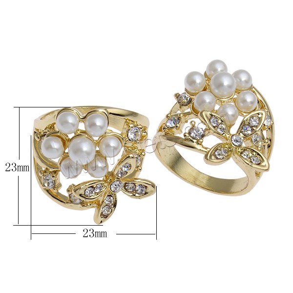 Anillo de dedo de cristal perla Zinc aleación, aleación de zinc, chapado en oro real, diverso tamaño para la opción & para mujer & con perlas de cristal & con diamantes de imitación, libre de níquel, plomo & cadmio, 23x23x29mm, Vendido por UD