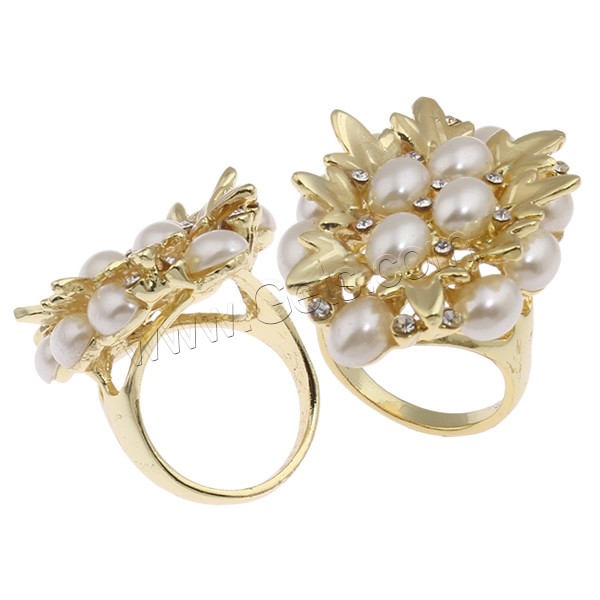 Glass Pearl Zinc Alloy Finger Ring, real gold plated, different size for choice & for woman & with glass pearl & with rhinestone, nickel, lead & cadmium free, 26.5x39x31.5mm, Sold By PC