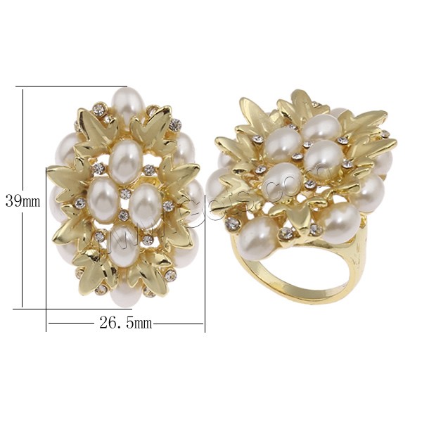 Glass Pearl Zinc Alloy Finger Ring, real gold plated, different size for choice & for woman & with glass pearl & with rhinestone, nickel, lead & cadmium free, 26.5x39x31.5mm, Sold By PC
