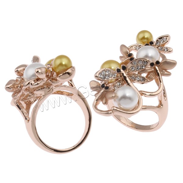 Glass Pearl Zinc Alloy Finger Ring, rose gold color plated, different size for choice & for woman & with glass pearl & with rhinestone, nickel, lead & cadmium free, 23x42x31mm, Sold By PC