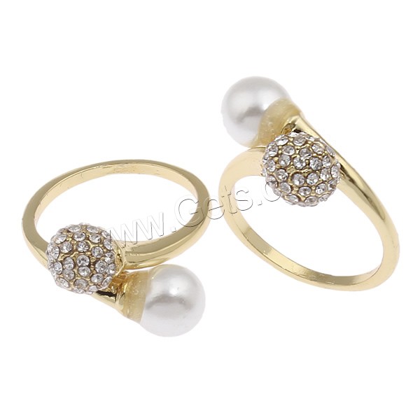 Glass Pearl Zinc Alloy Finger Ring, real gold plated, different size for choice & for woman & with glass pearl & with rhinestone, white, nickel, lead & cadmium free, 21x11x27mm, Sold By PC