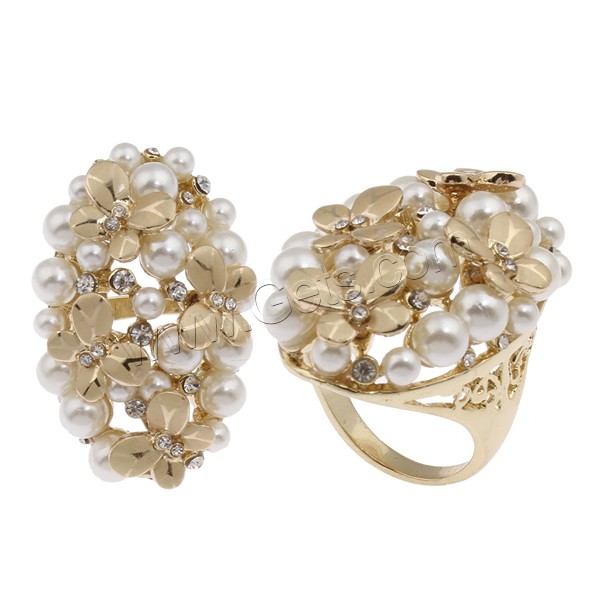Glass Pearl Zinc Alloy Finger Ring, real gold plated, different size for choice & for woman & with glass pearl & with rhinestone, nickel, lead & cadmium free, 27x41x34mm, Sold By PC
