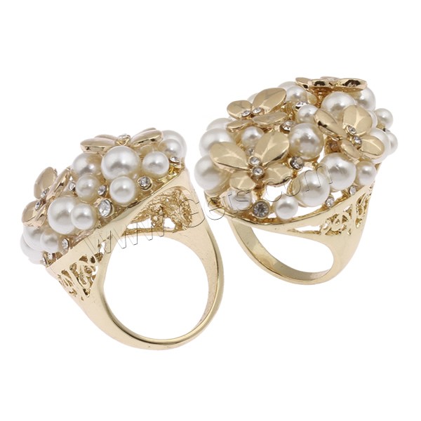 Glass Pearl Zinc Alloy Finger Ring, real gold plated, different size for choice & for woman & with glass pearl & with rhinestone, nickel, lead & cadmium free, 27x41x34mm, Sold By PC